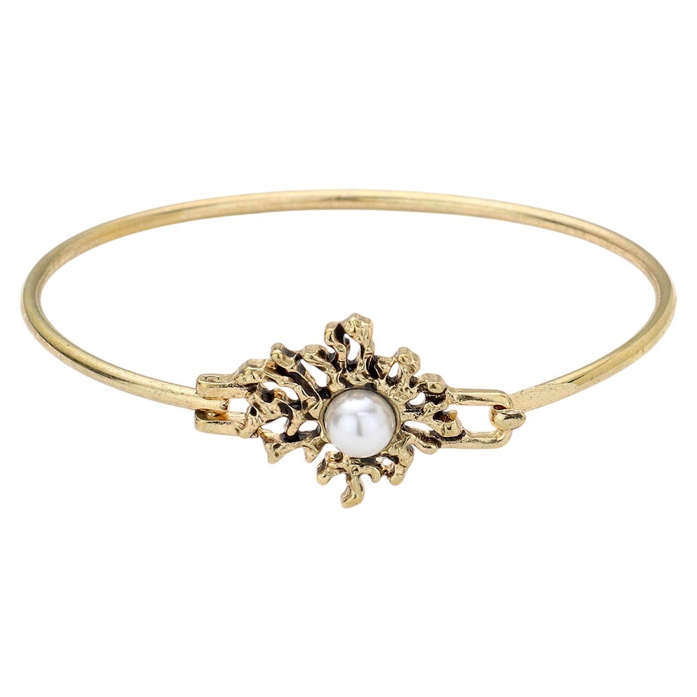2pcs Vintage Gold Tone Pearl Floral Hinged Bangle Bracelets Stackable Women