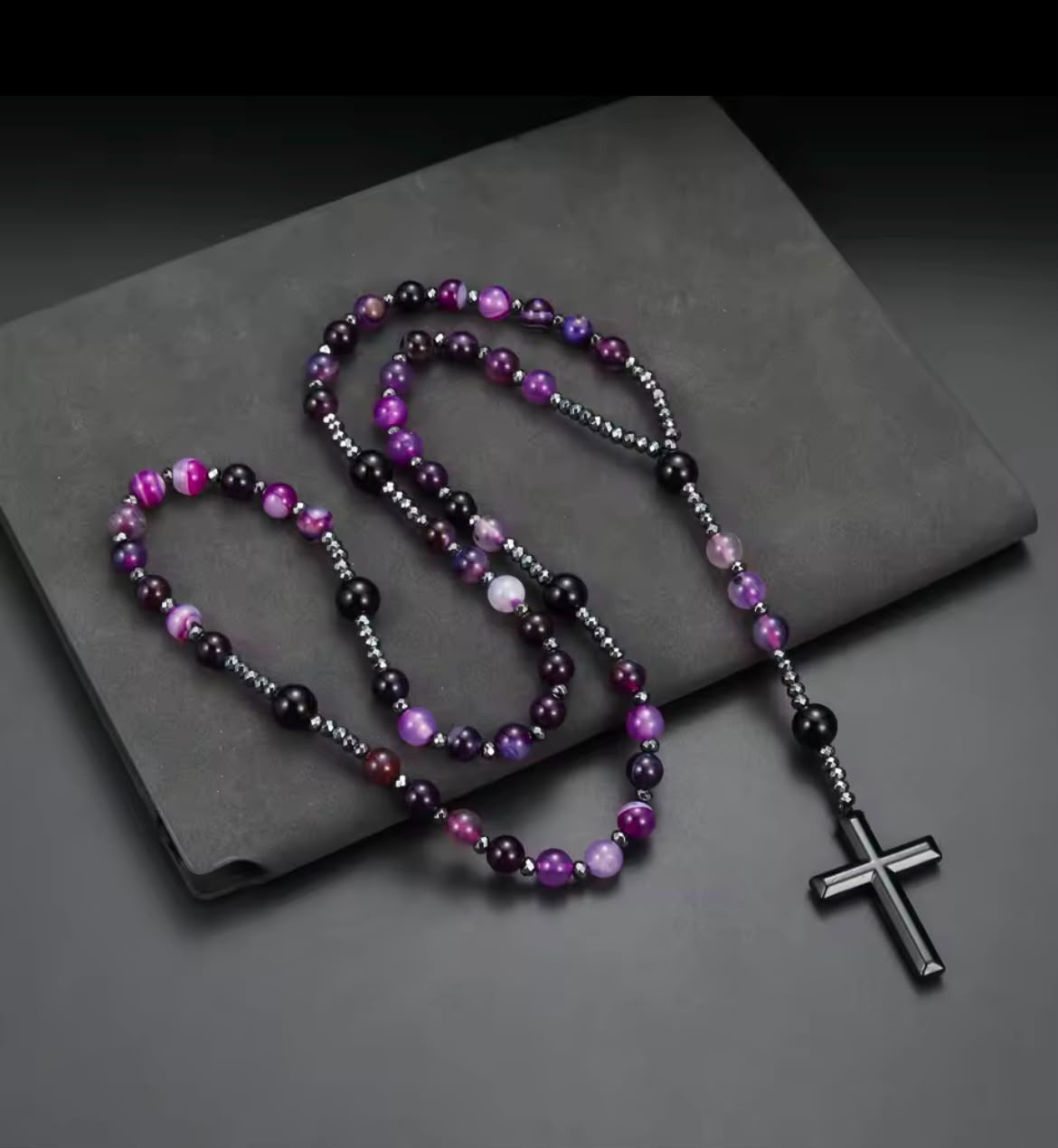 Purple Green Beaded Cross Pendant Rosary Necklace Spiritual Gift Man And Woman