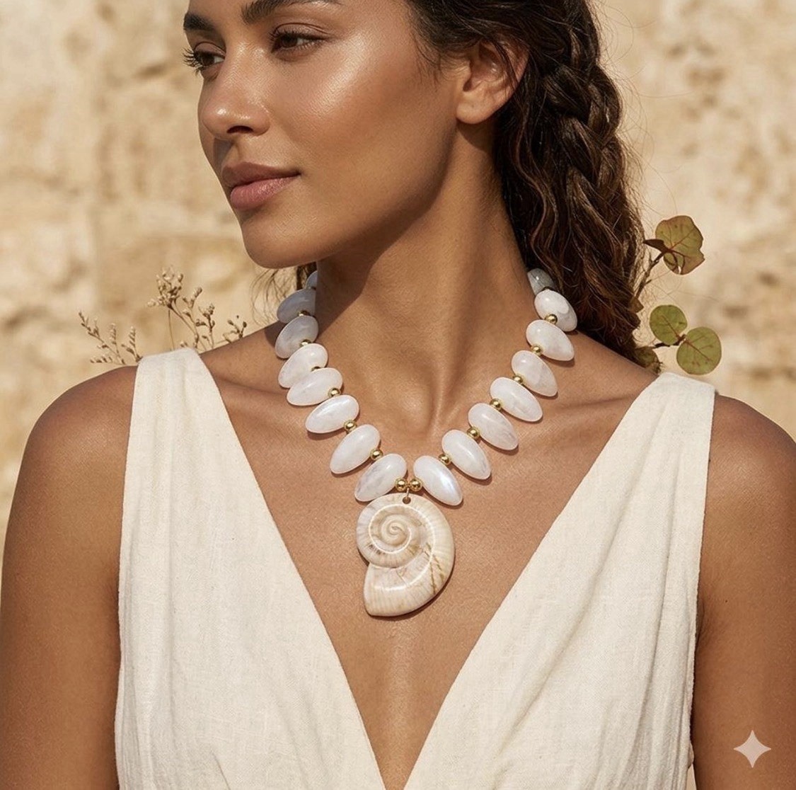 Boho Spiral Sea Shell Pendant Necklace White Acrylic Bead Statement Beach Chic