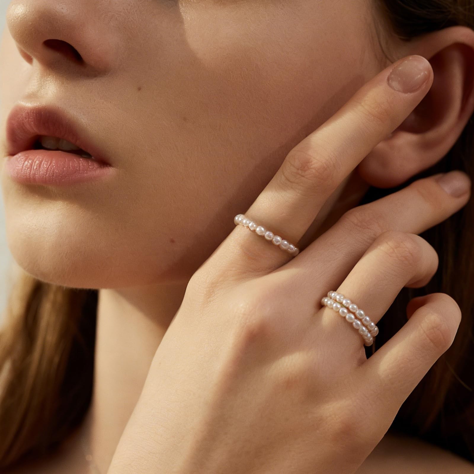 5 Pcs Faux Pearl Stretch Rings for , Beaded Stackable Adjustable Dainty Handm…
