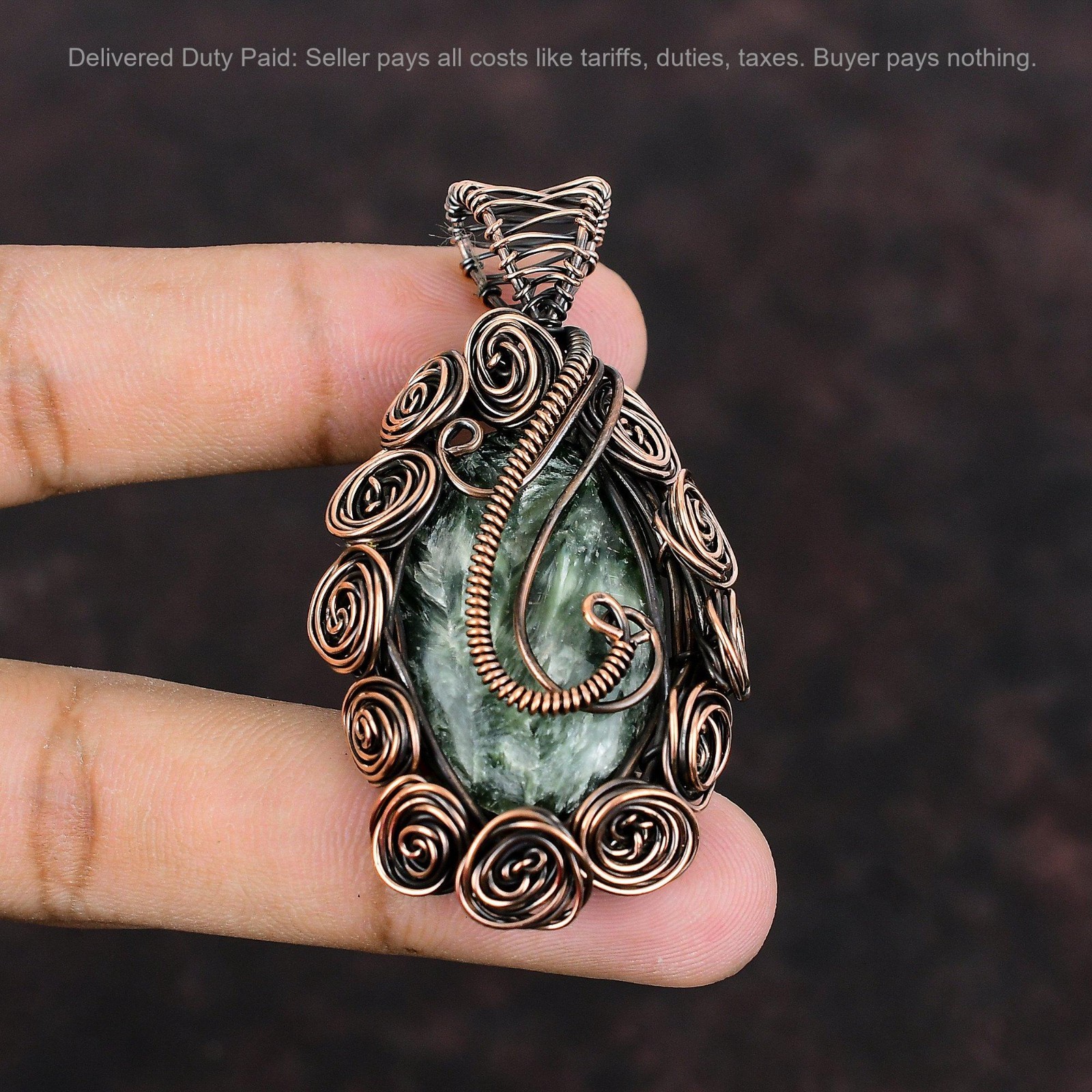 Valentines Sale Seraphinite Stone Copper New Wire Wrapped Flower Pendant Jewelry