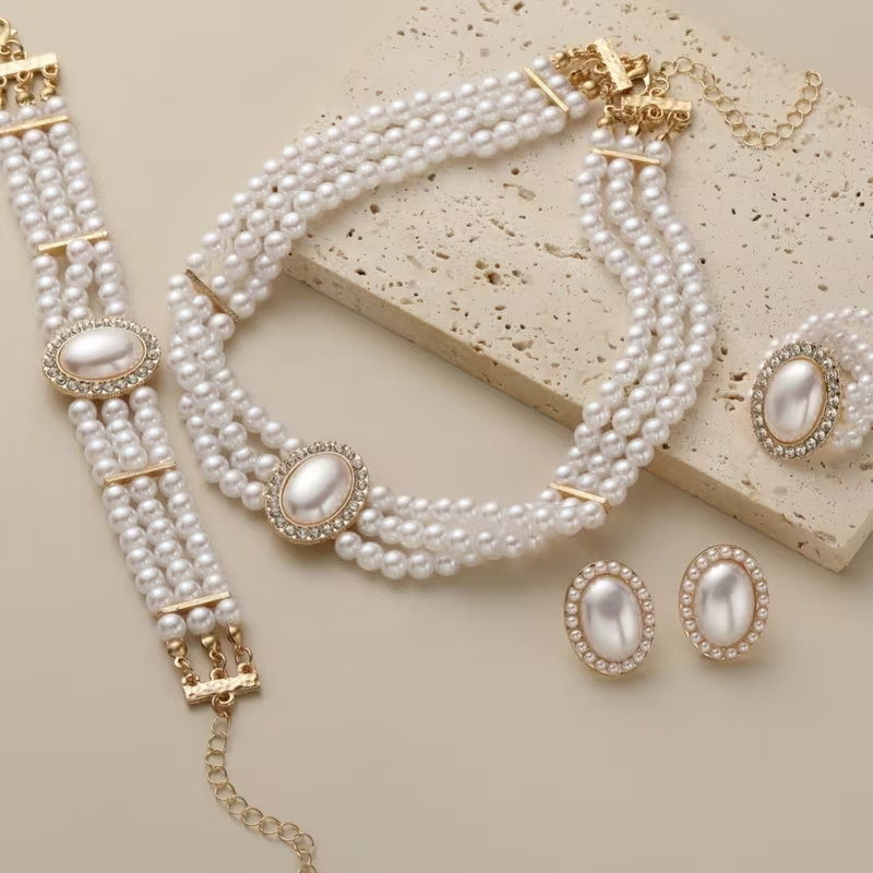 Pearl Jewellery Set Necklace Bracelet Ring Earrings Bridal Wedding Women Gift