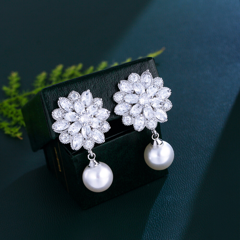 CWWZircons CZ Crystal Pearl Flower Non Pierced Clip on Drop Earrings for Women