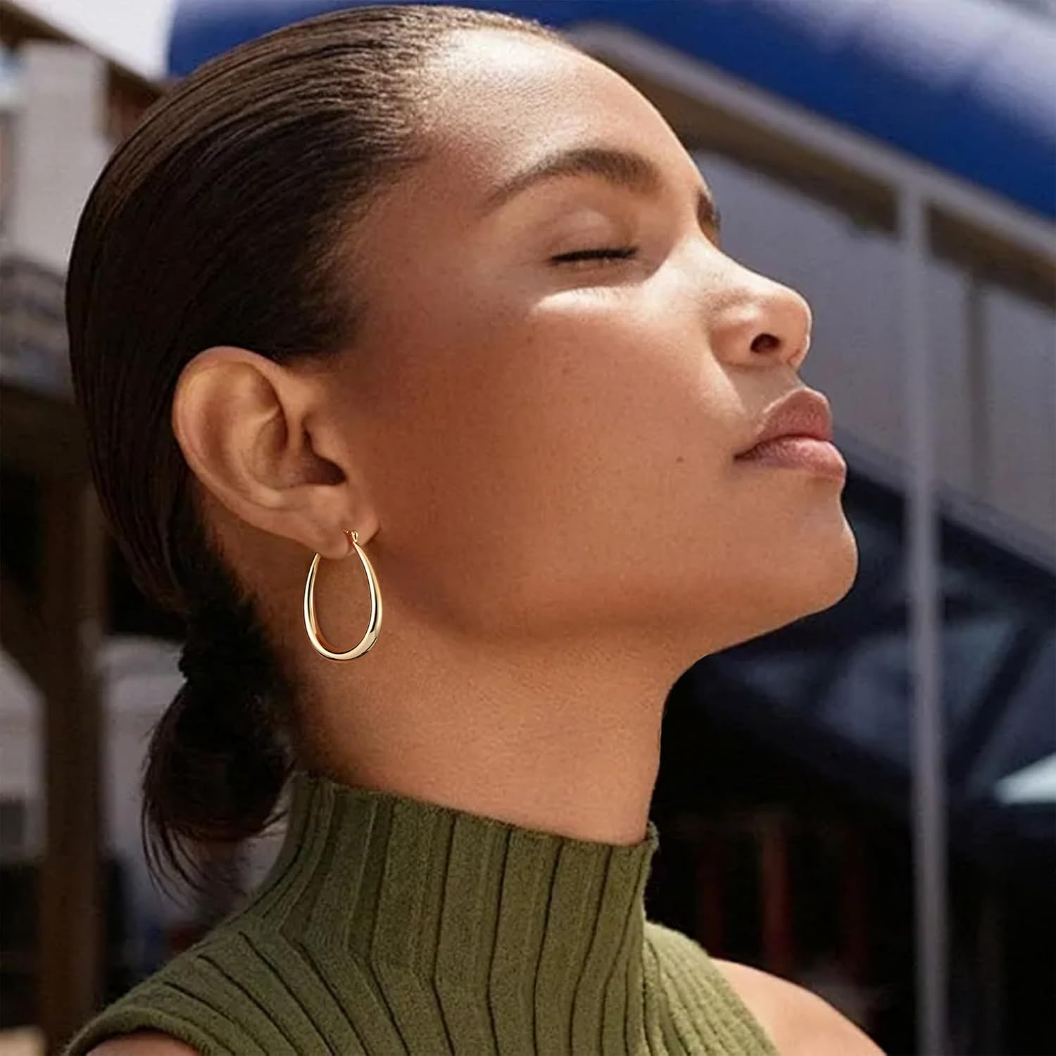 Chunky Hoop Earrings for Women, 14K Gold Plated Oval Hoop Earrings with 925 Ster