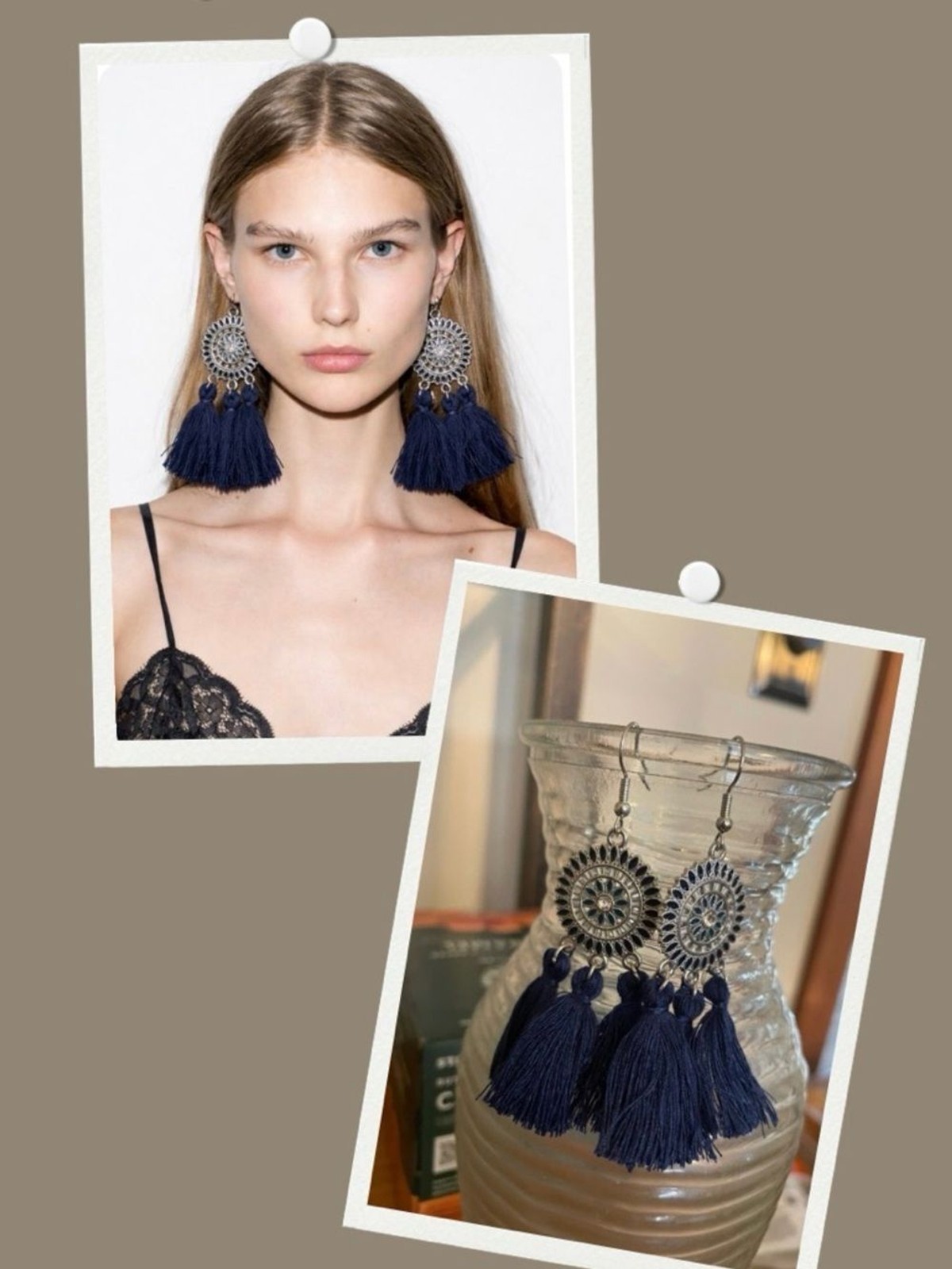 Boho Navy Tassel Drop Earrings with Silver Medallions