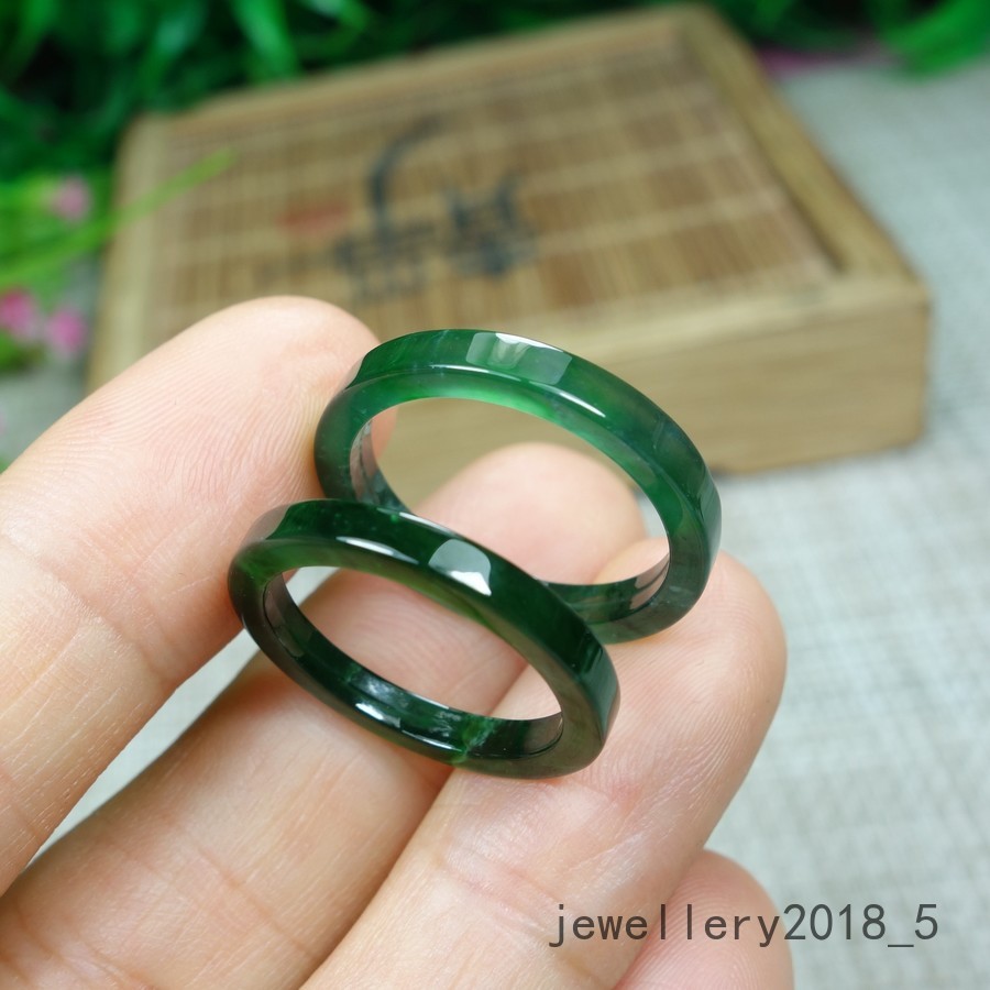 2Pcs Certified Green 100% Natural A jadeite Jade Ring 细条 戒指 指环 USA.6.5#-7.5#