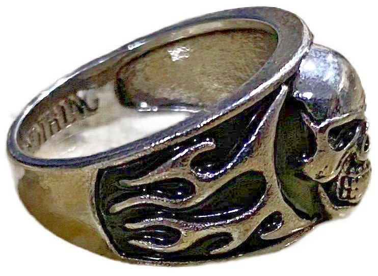Unisex Punk Biker Goth Style Skull Flames Black Inlay Fear Nothing Ring Sz 11