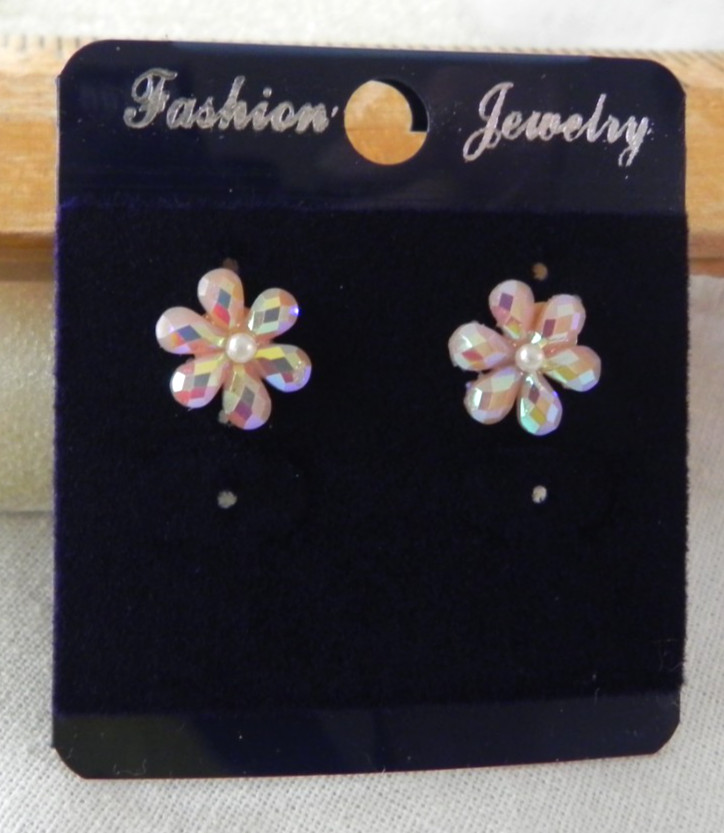 Small Pink Flower Stud Earrings Glitter AB Sparkle Plastic Resin Petals