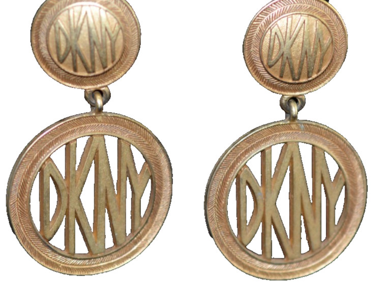DKNY DONNA KARAN 2.5″ Matte Gold LOGO Round Clip Drop EARRINGS Vintage 1990’s
