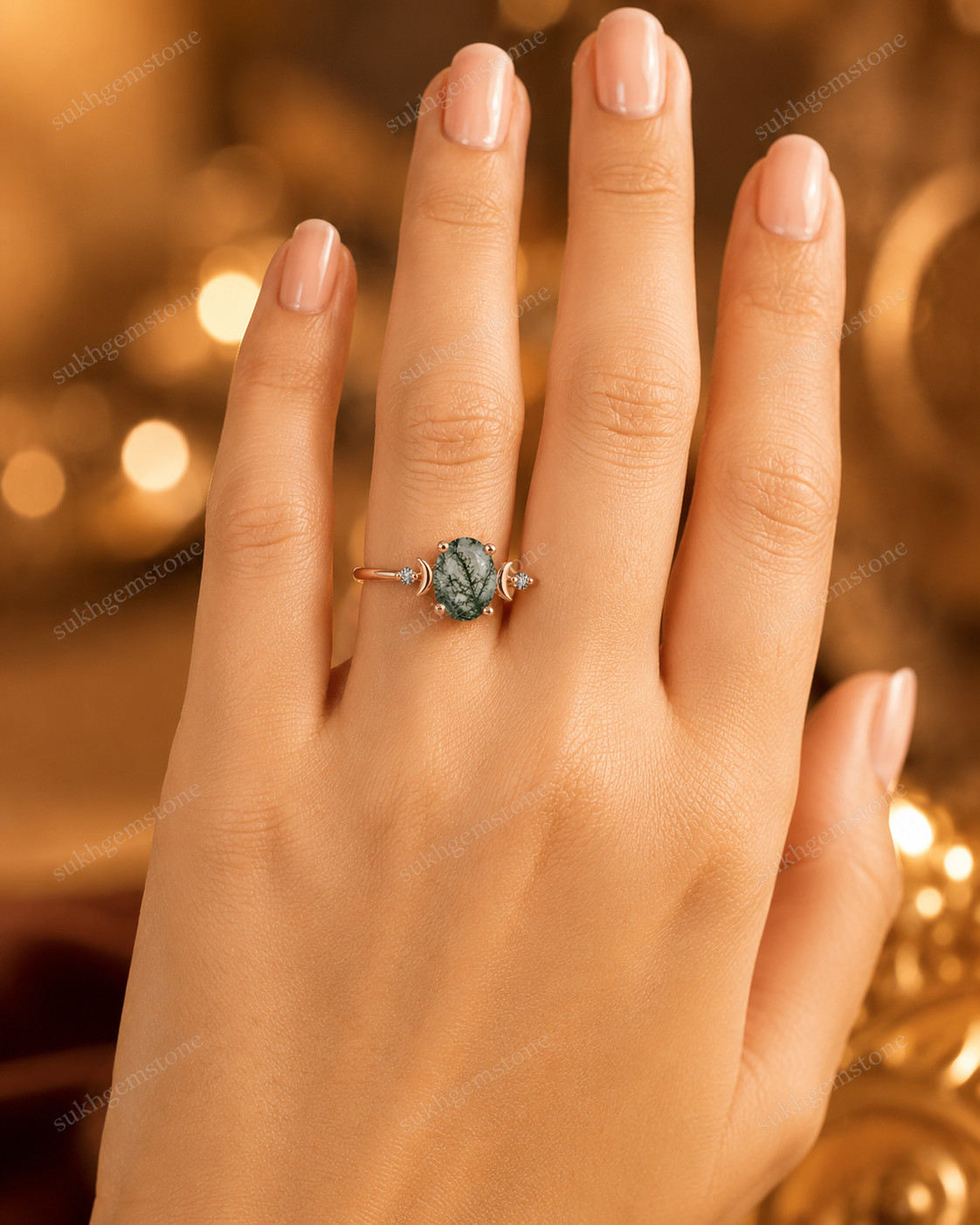 Lab Created Green Moss Agate Ring, Base Metal: Brass Finish: Gold Plated