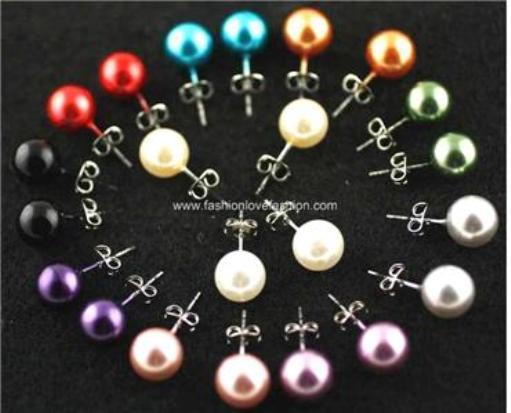 Pierced Faux,Imitation Pearl Round Stud Earrings 14 Colors Small:8mm to XL:14mm