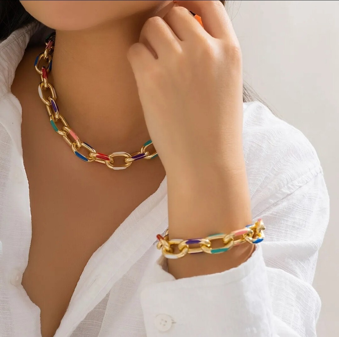 Chunky Statement Jewelry Set Gold Multi Color Necklace & Bracelet 13-8