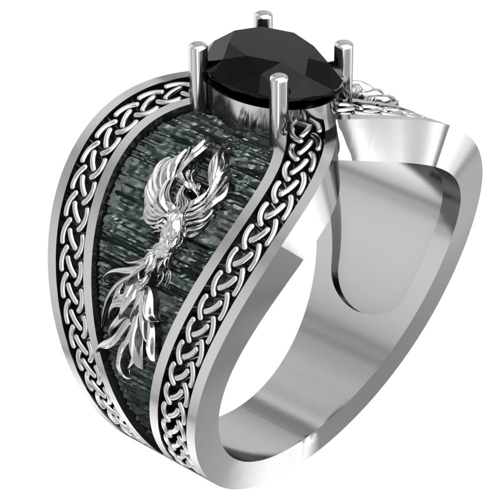 925 Sterling Silver Onyx Phoenix Ring Bird Animal Jewelry Gifts for Men Women