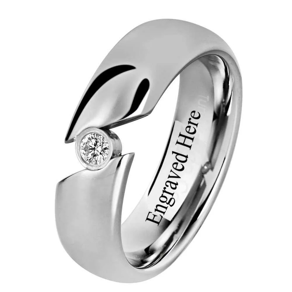 6mm Tension Set Cubic Zirconia Tungsten Carbide Ring Custom Engraved