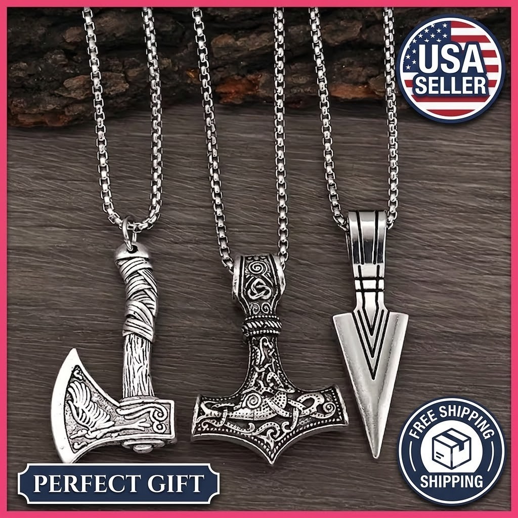 3Pcs Men Viking Necklace Stainless Steel Thor Hammer Wolf Axe Spear Pendant Gift