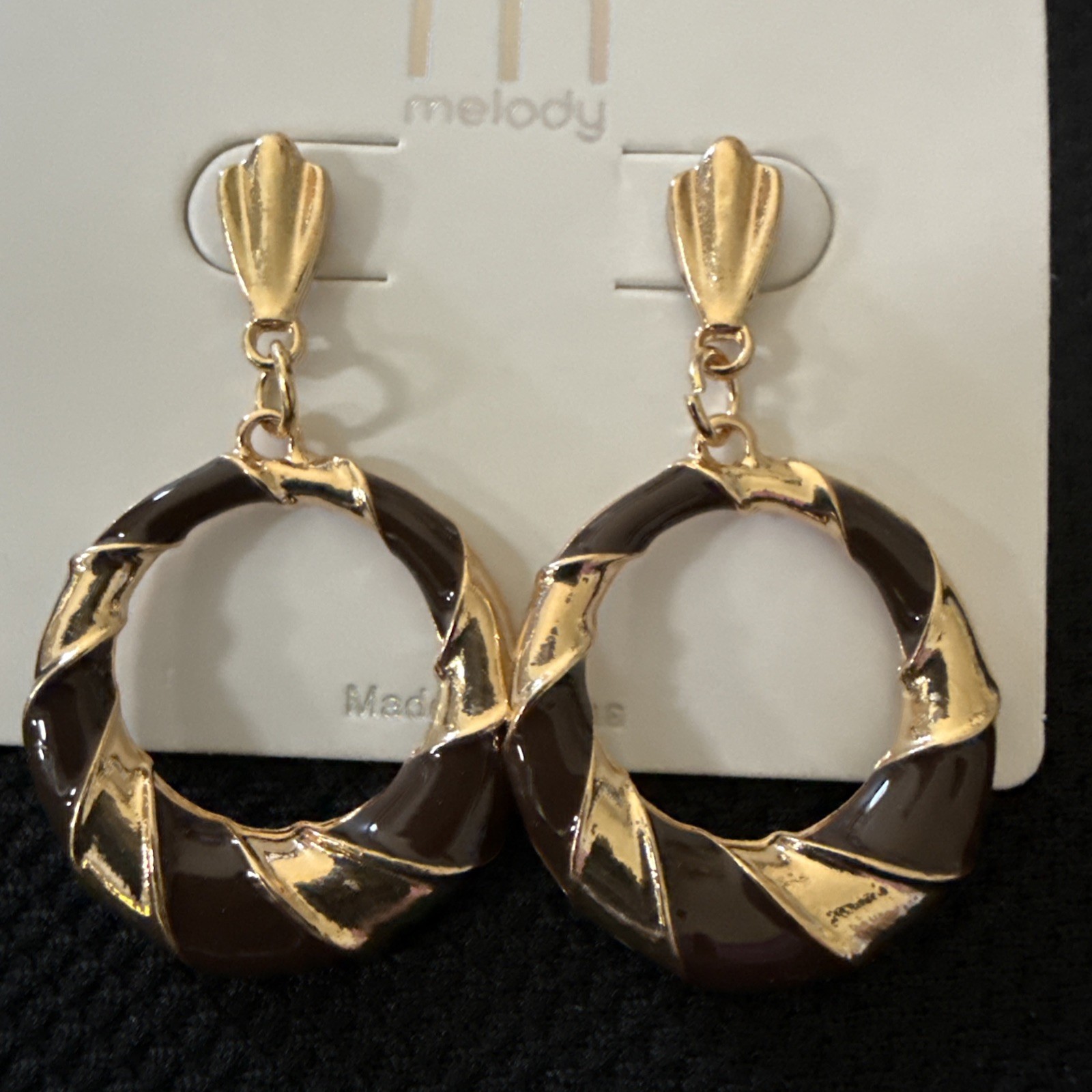 Dark Brown & Gold Plated Dangle Earrings By Melody NWT