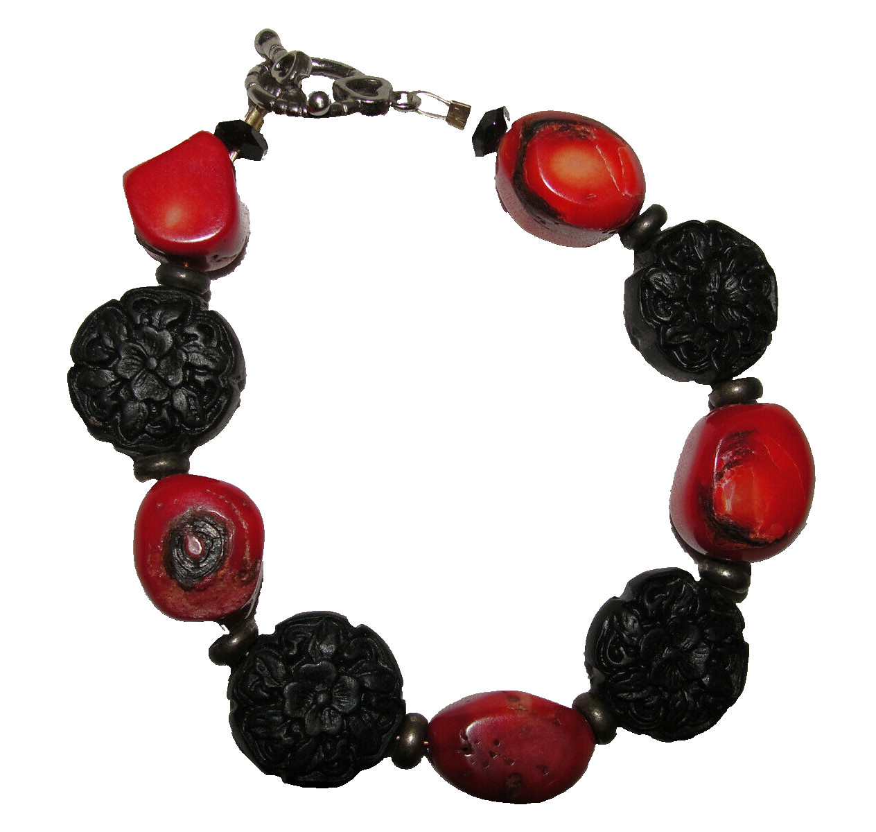 Red & Black Floral Etched Stone Beaded Toggle Closure Bracelet 8-inch Long