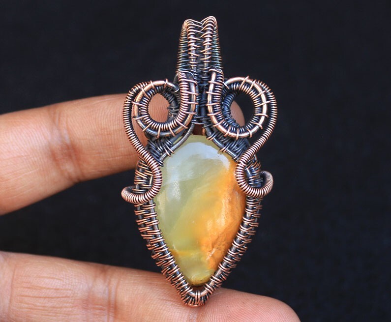 Wedding Gift Copper Pendant Lemon Agate Gemstone Wire Wrap Jewelry Oxidize N244