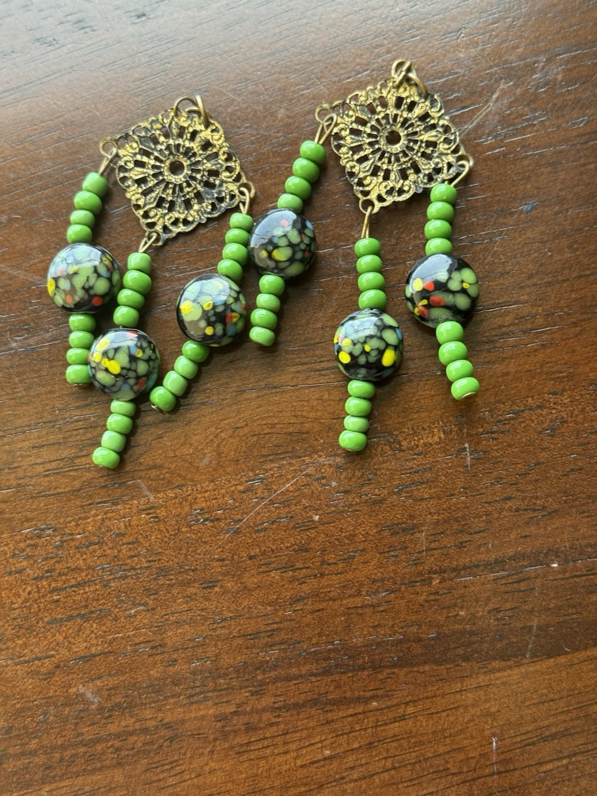 1970 Vintage Drop Earring Handcrafted with Murano Glass Confetti Style Art Beads