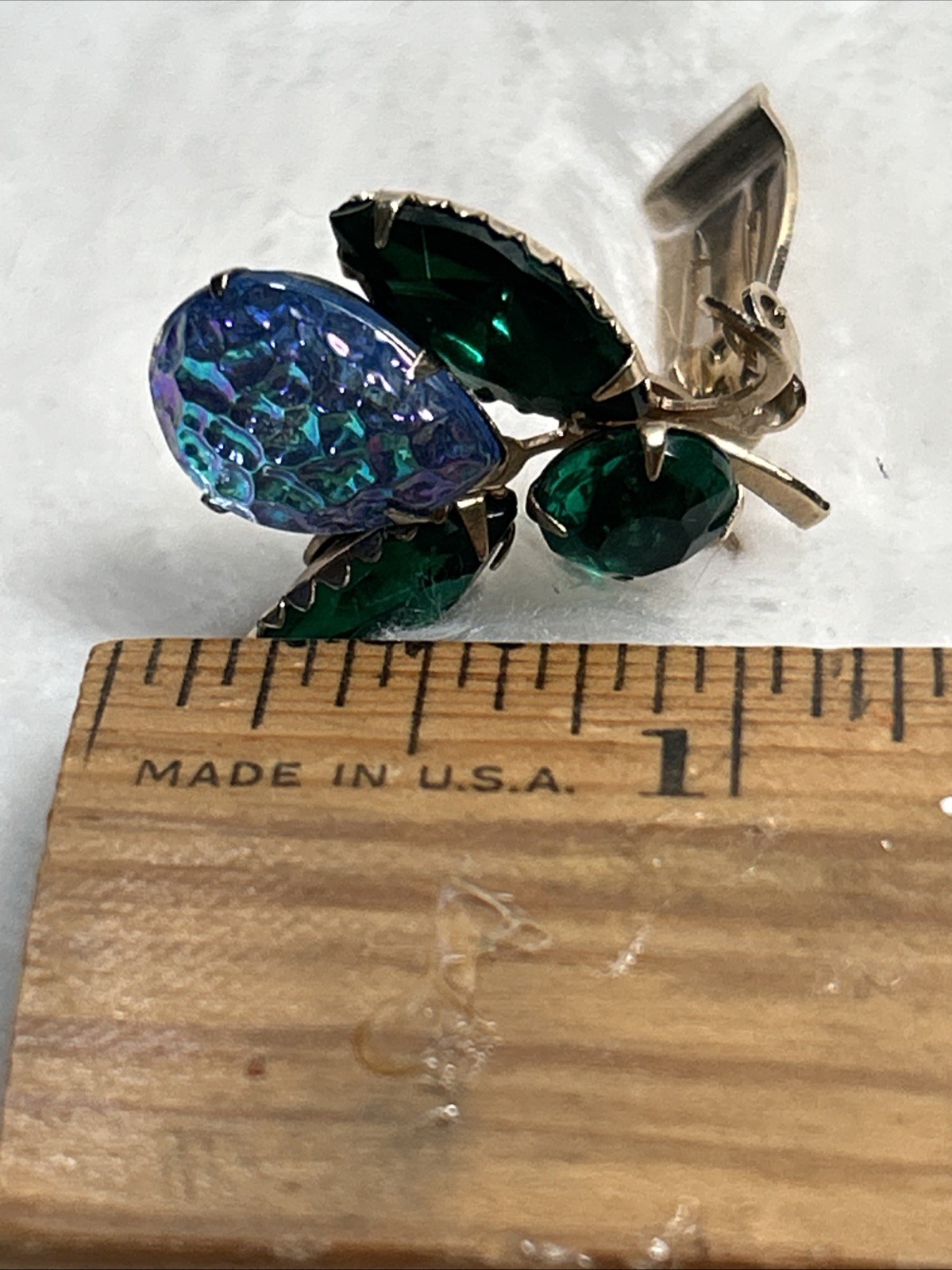Vintage Green Blue Confetti Art Glass Flower Brooch Clip Earrings Set Unmarked
