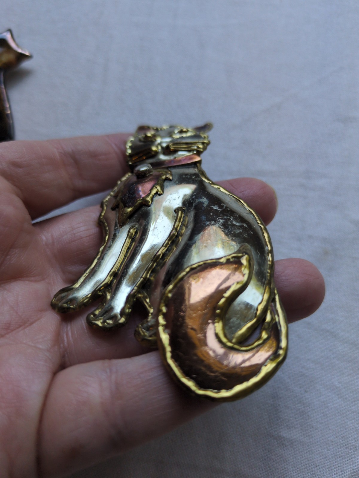 Vintage Cat Brooch Pin Lot Of 2, Mexican Mixed Metal And Pottery Artist Signed