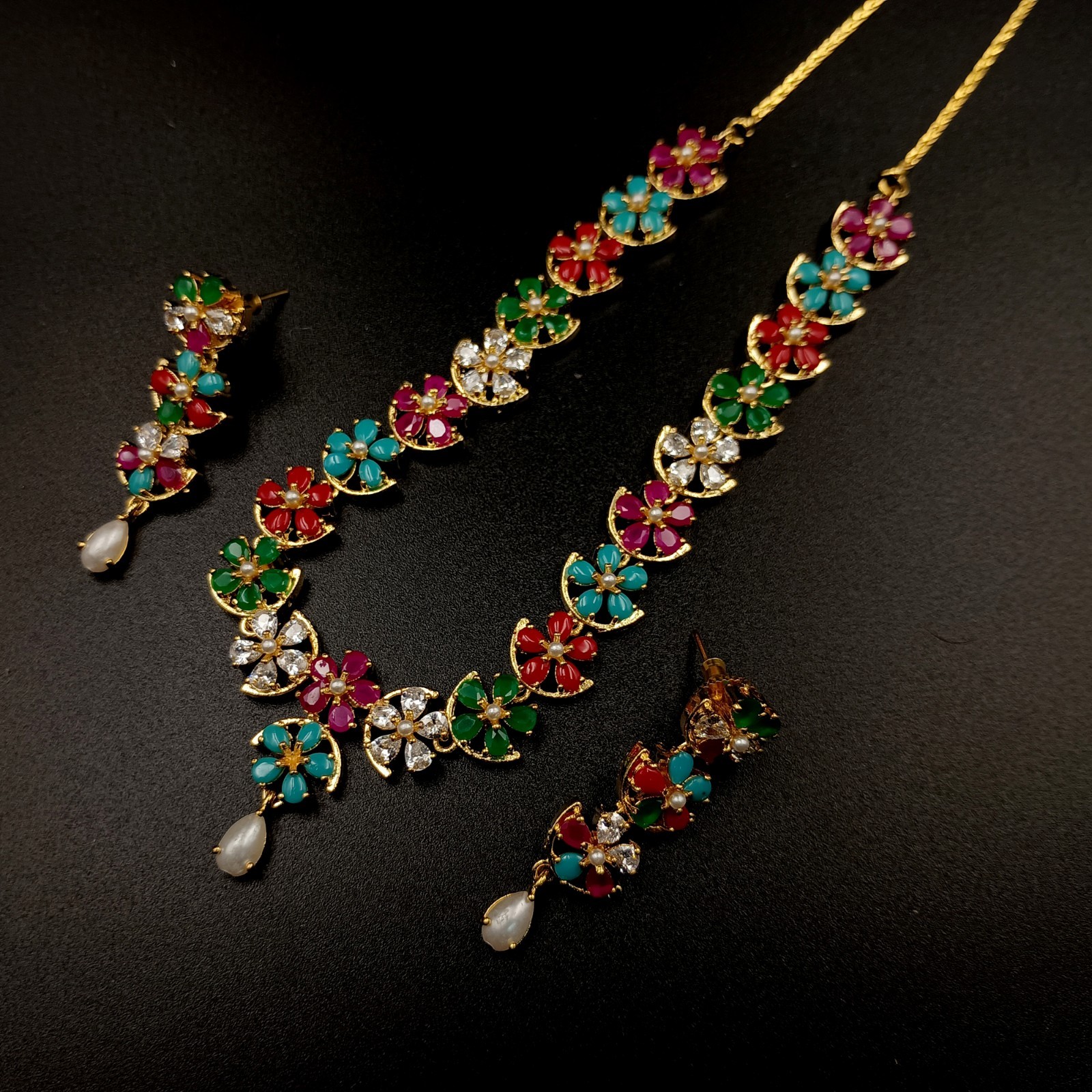 Navratan Multi Gemstone Flower Necklace Set 22K Yellow Gold Plated Bollywood Gif