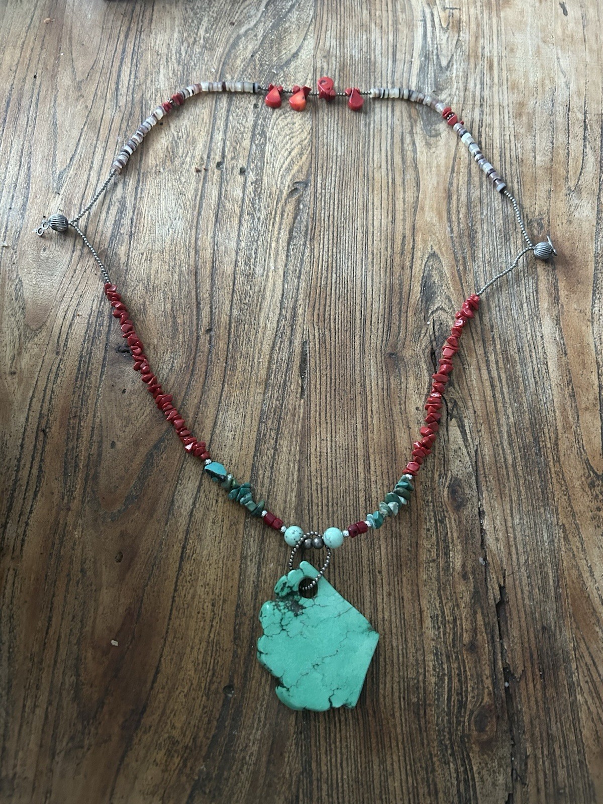 Turquoise & Coral Stone Beaded Pendant Necklace, Ball/Bead Chain, Hook