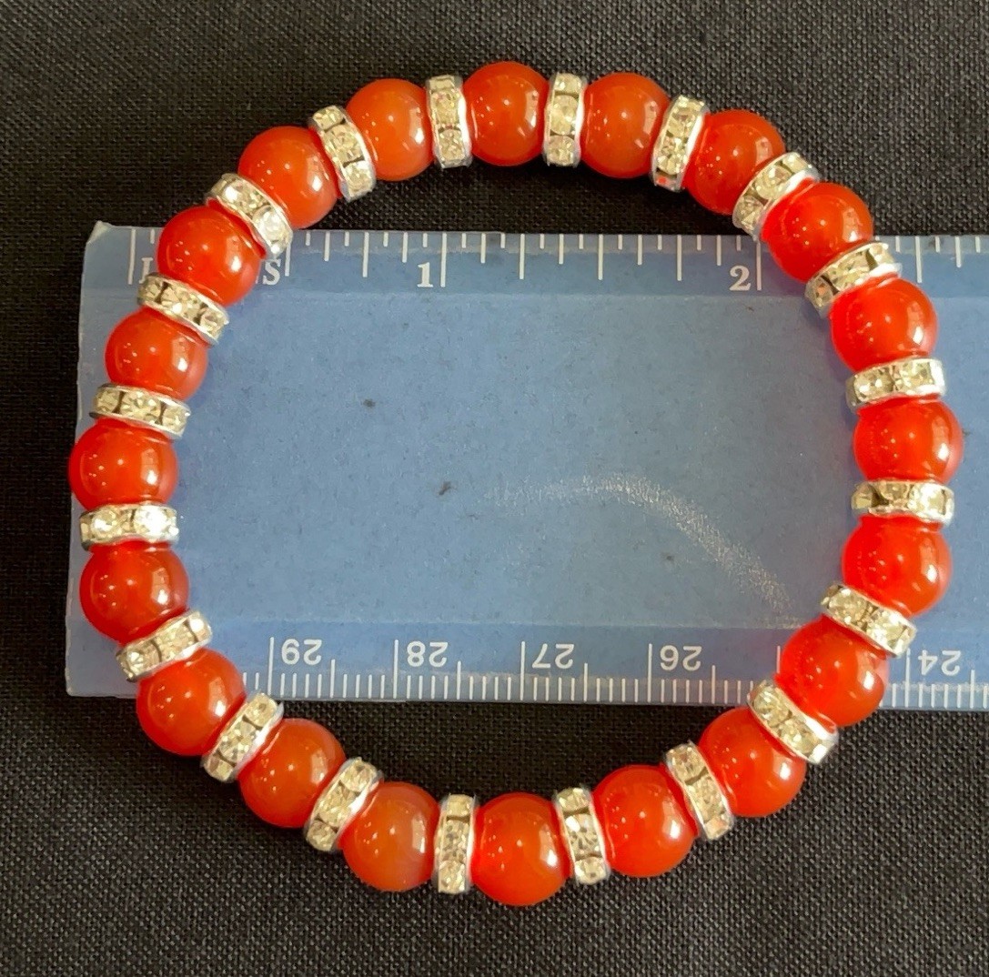 Handmade Burnt Orange Agate Stretch Bracelet Rhinestone Spacer Beads