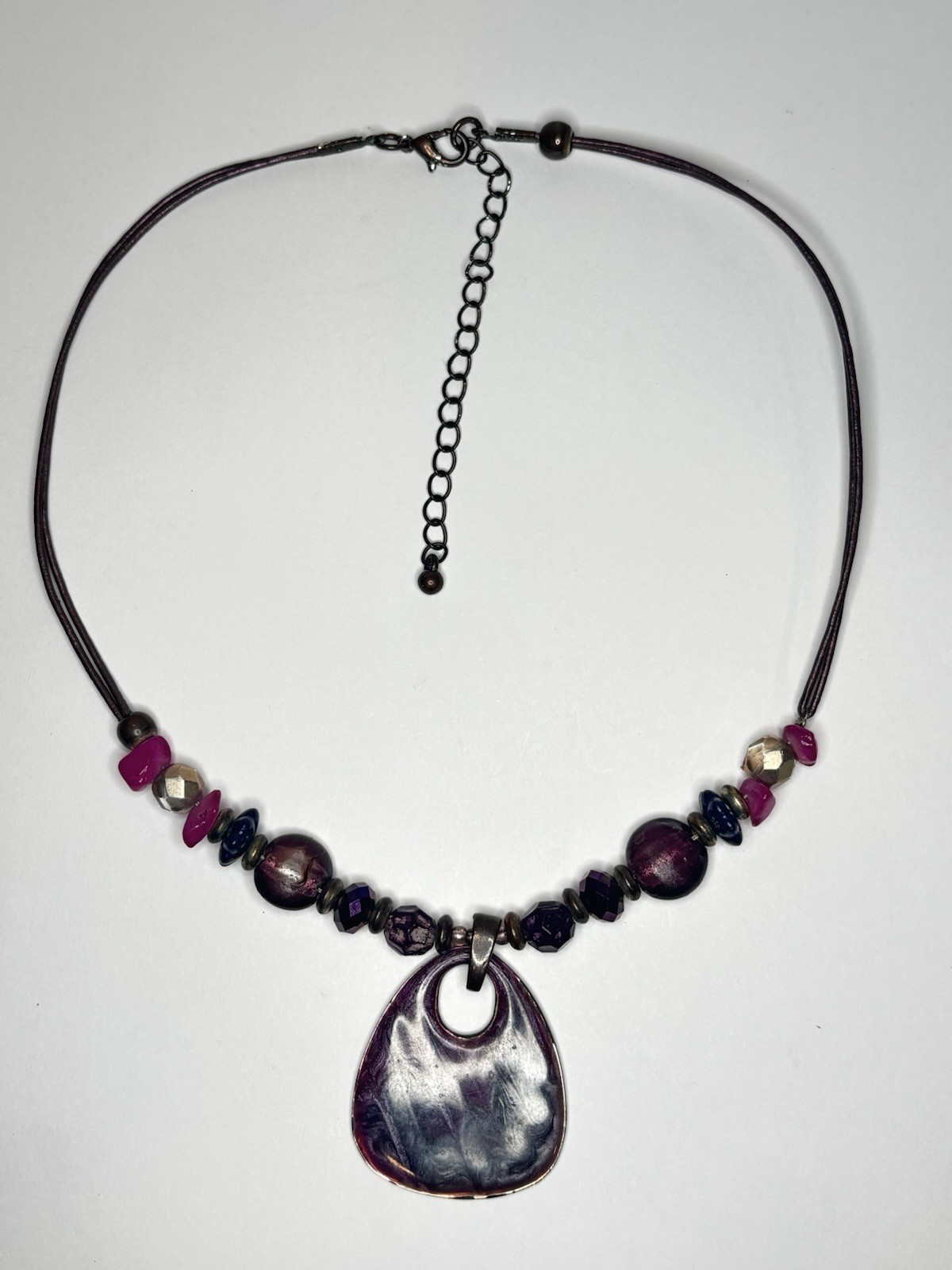 Purple Gemstone Necklace Glass Bead 20” Enameled Metal Pendant Boho