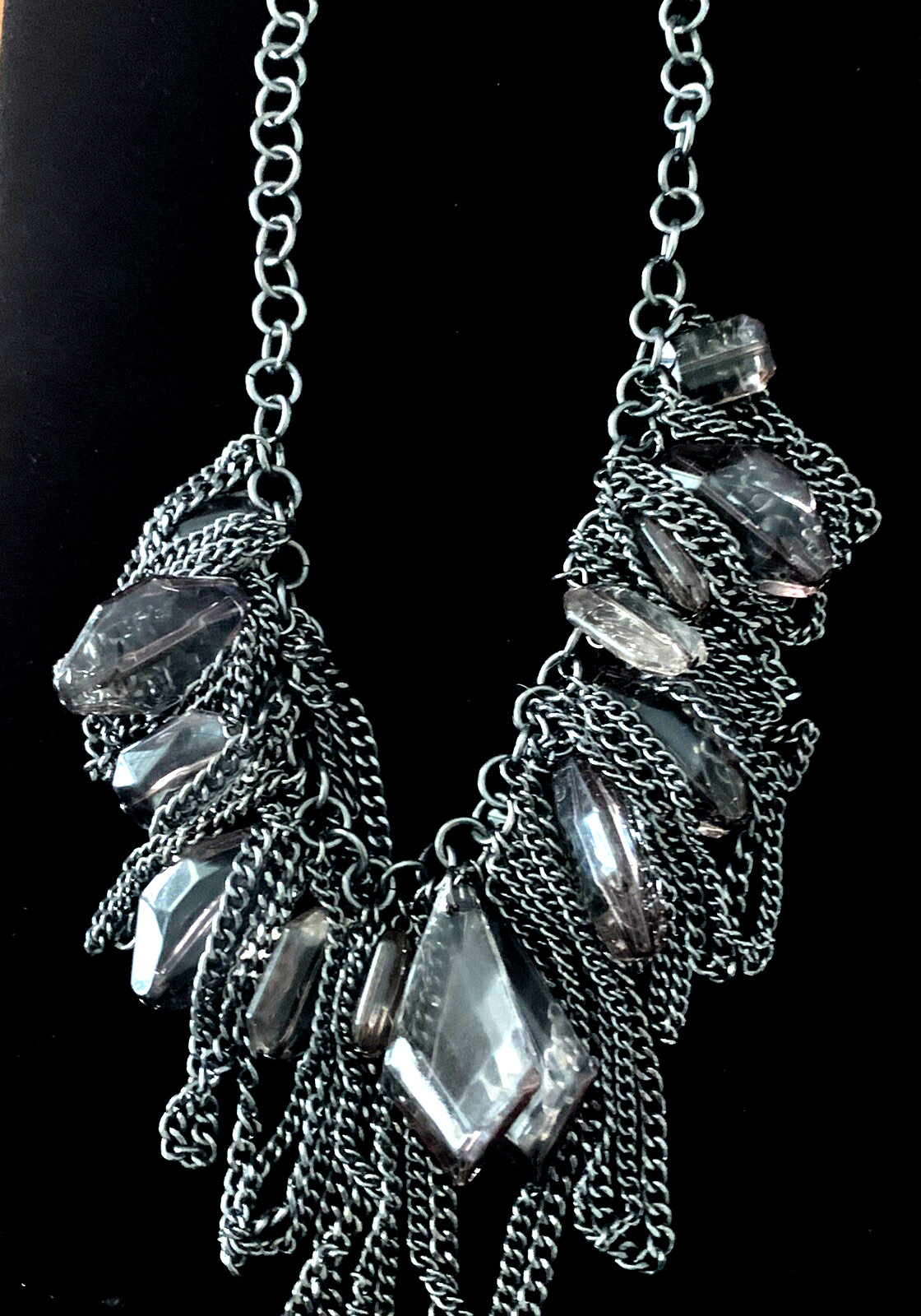 Stunning Dark Silver w/ Dark Gray Crystal Like Gemstones Necklace