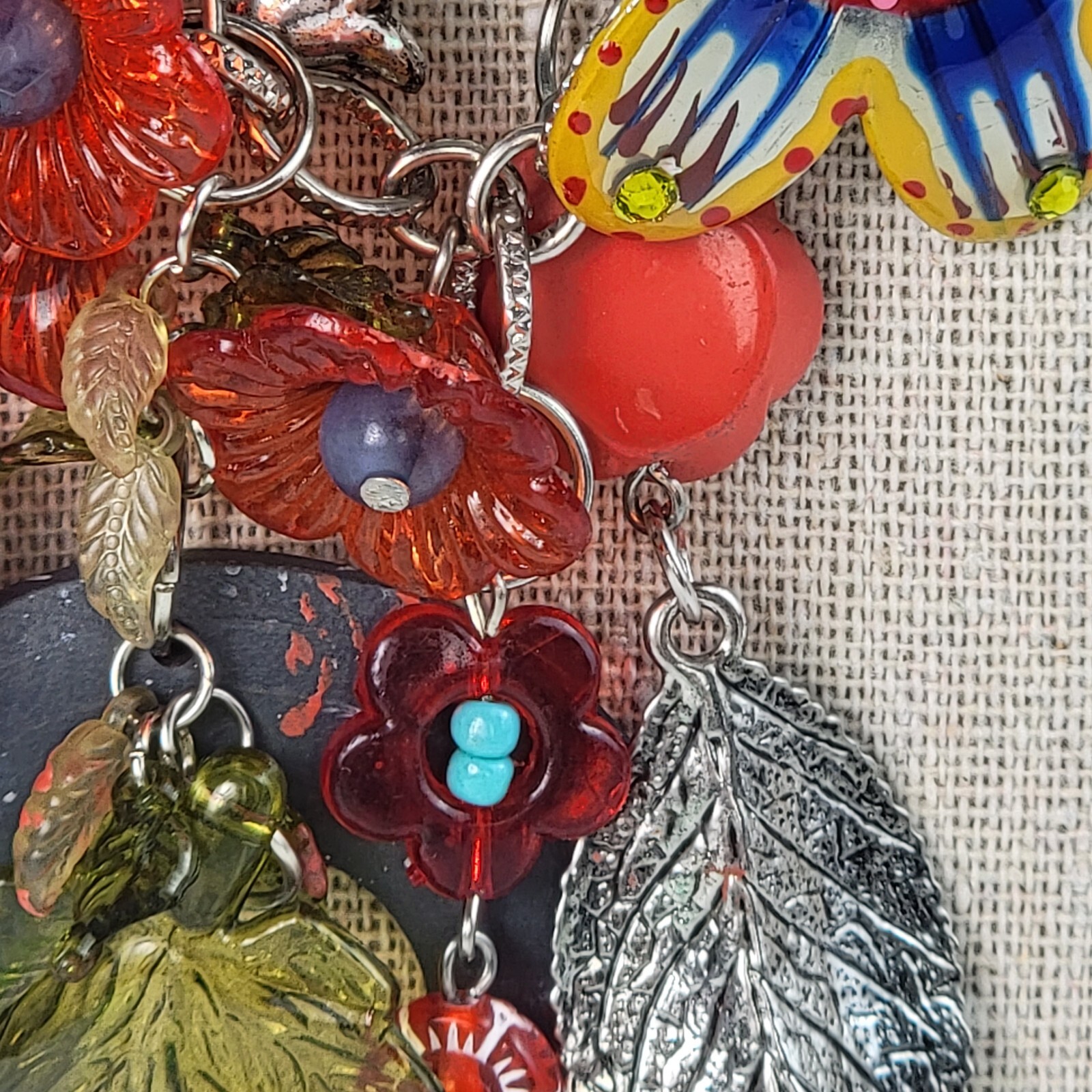 Multicolor Flowers Dangle Charm Necklace 21″ Silver-Tone Mixed-Materials Enamel