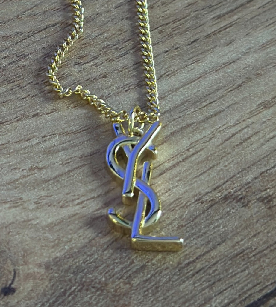 Saint Laurent YSL Monogram Pendant Gold Tone Necklace Adjustable Chain Luxury