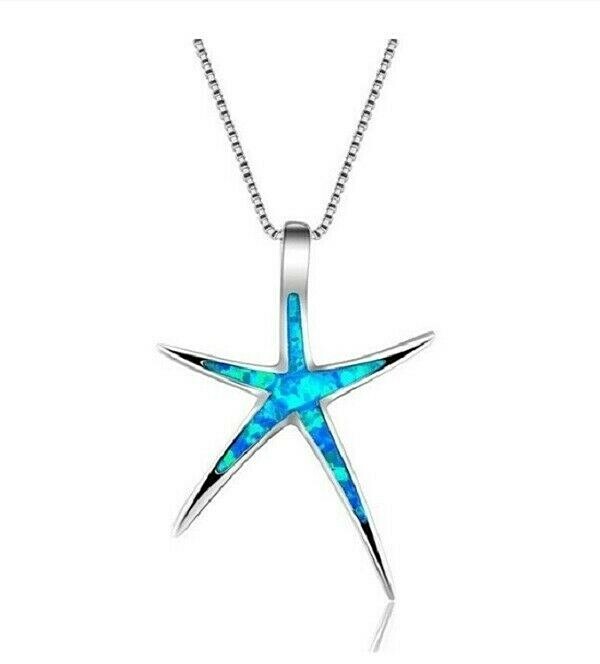 Dark Blue Opalesque STARFISH 1-1/4″ x 1″ Pendant Necklace with 17″ Chain