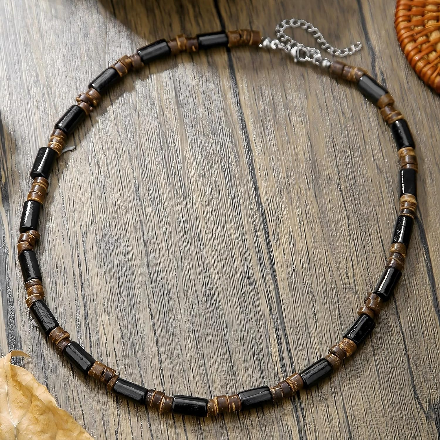 Surfer Necklace for Men Beaded Choker Necklace Puka Shell Necklaces Brown Coconu