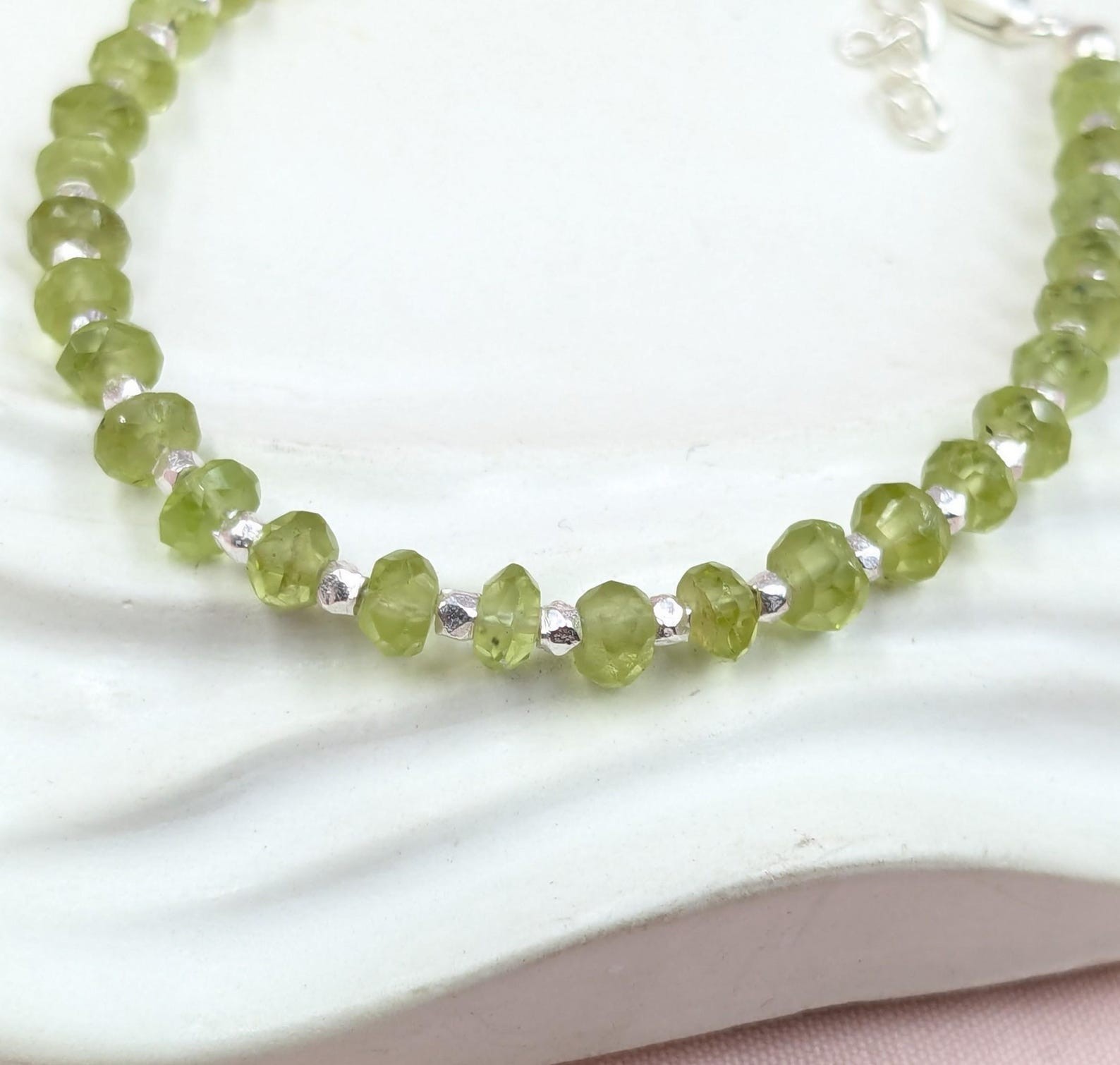 Green Peridot Faceted Rondelle Gemstone Silver Filled Beads Women Bracelet 6-8”