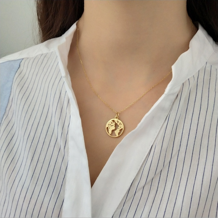 925 Sterling Silver Gold 16mm/0.6″ Map Coin Pendant Chain Necklace 16″-17″ K87
