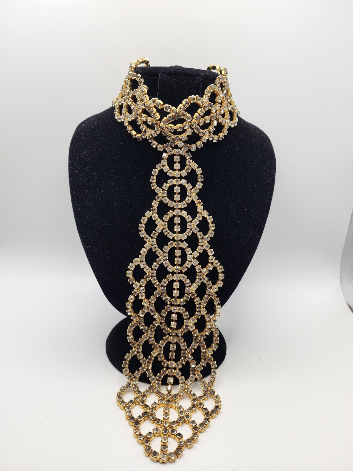Vintage Gold Tone Clear Rhinestone Open Work Geometric Link Necktie Statement