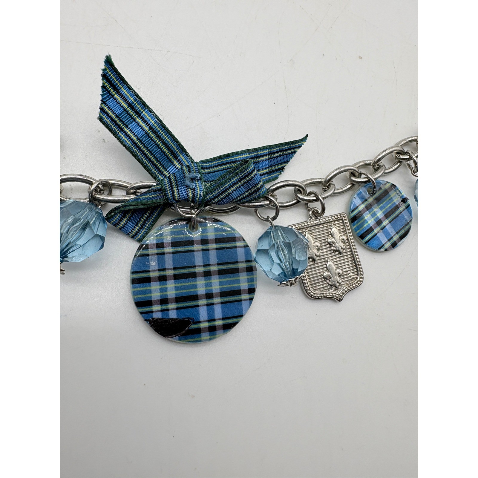 Blue Plaid Fleur De Lis Charm Bracelet Silver Tone Toggle Clasp Glass Bead Bow