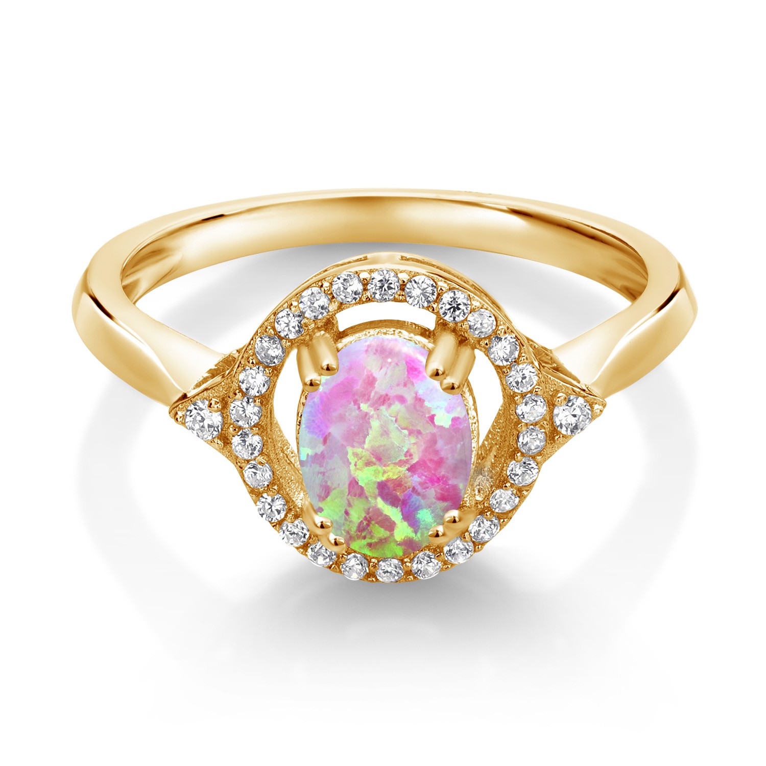0.97 Ct Oval Cabochon Pink Simulated Opal 18K Yellow Gold Plated Silver Ring
