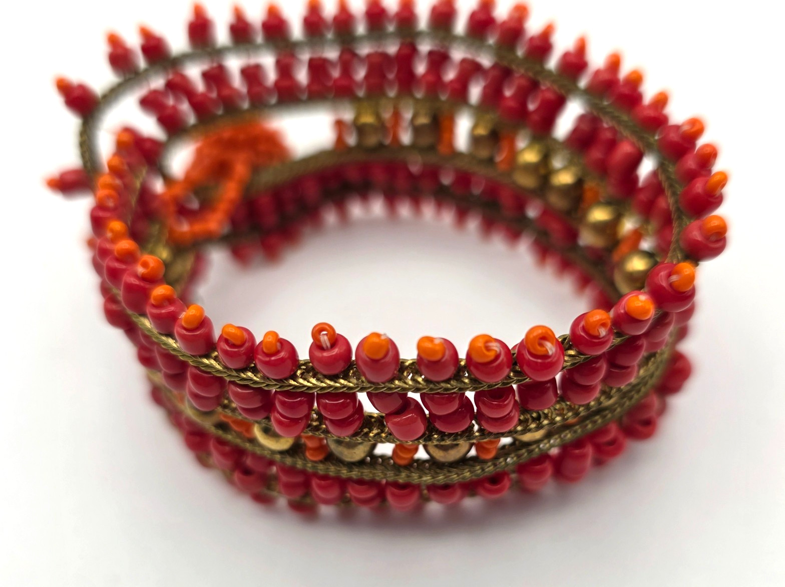 Beaded Wrap Cuff Bracelet Red Orange Gold Seed Bead Boho Statement Wide 7.25″