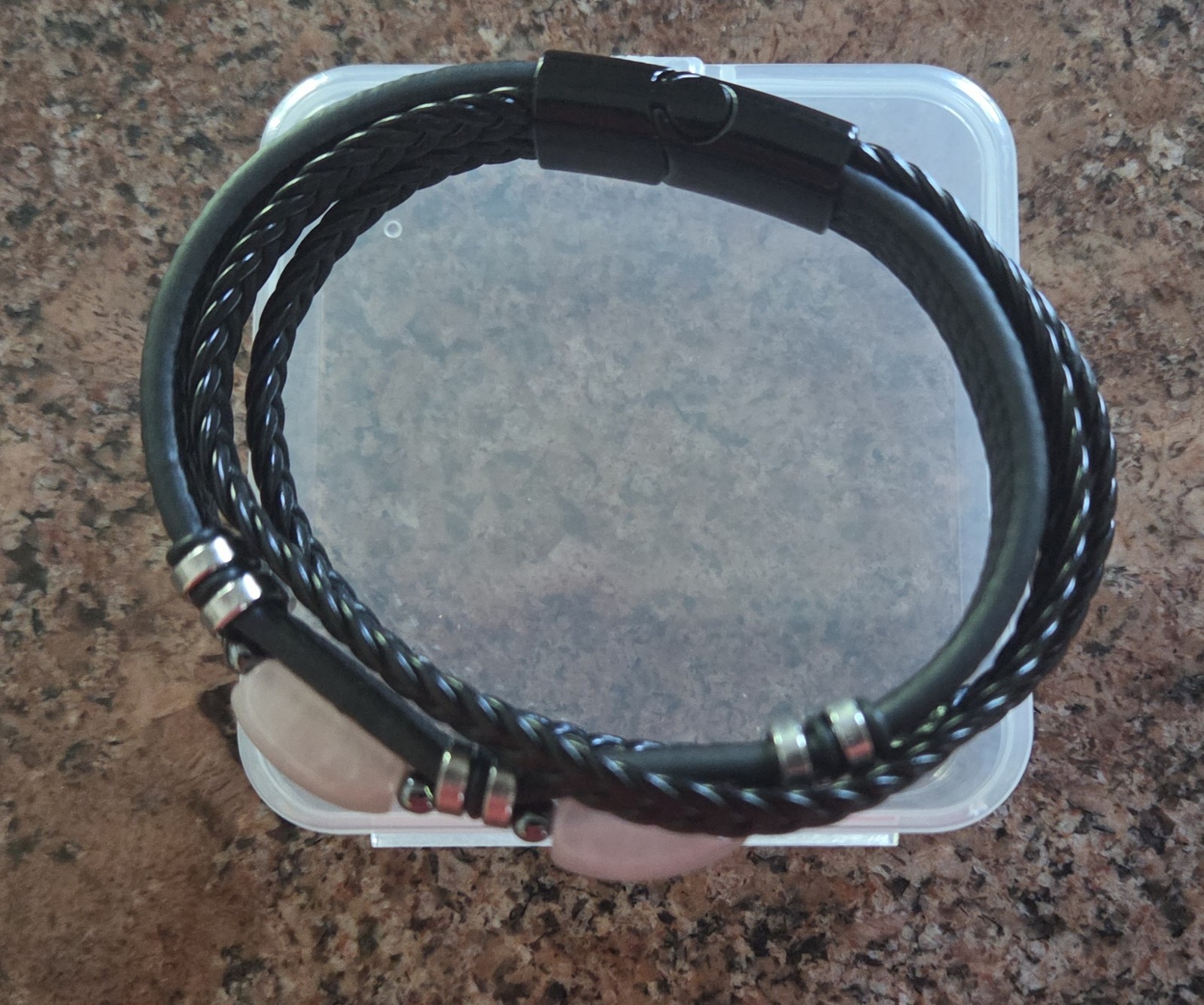 Black Braided Leather Bracelet w/ Hematite and Rose Quartz Stones