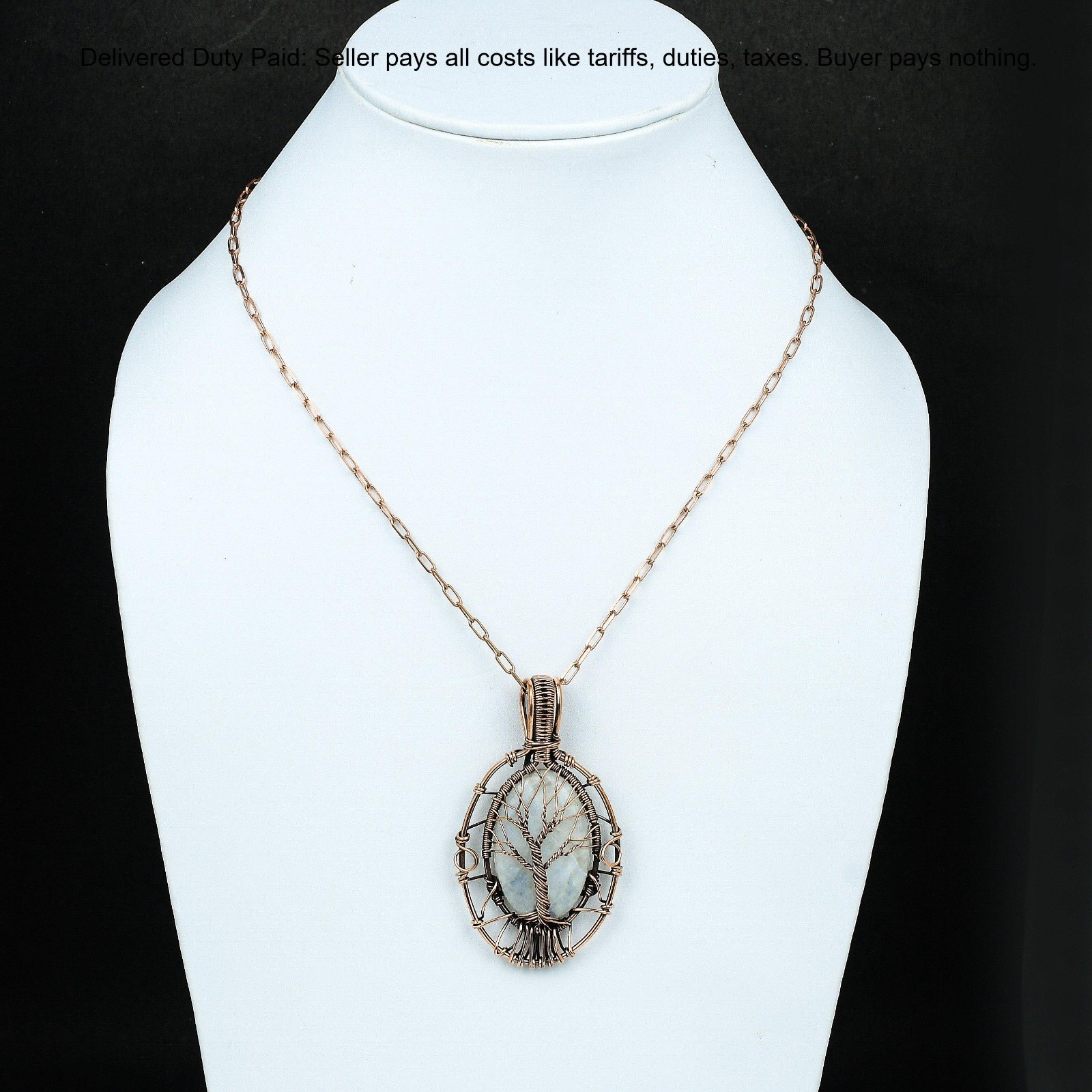 Copper Rainbow Moonstone Gemstone Tree Of Life And Wire Wrapped Pendant Jewelry