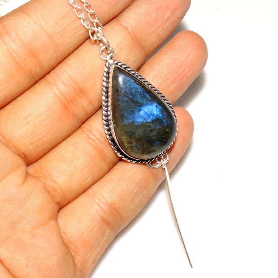 925 Silver Plated Exclusive Fiery Labradorite Necklace 18″ Most Beautiful MJ