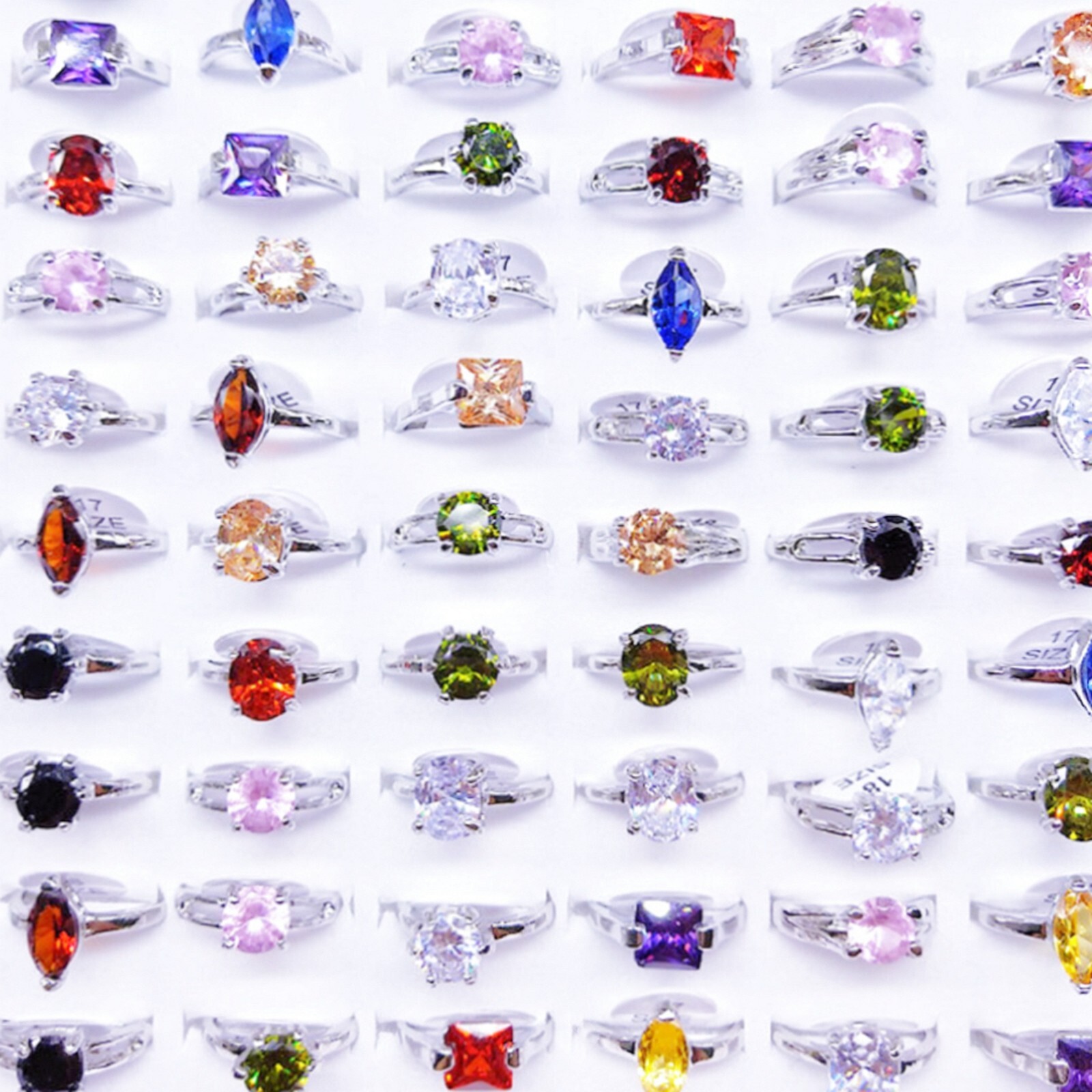 Bulk Wholesale 50 Colorful Crystal Zircon Rings Mix Women Wedding Finger Jewelry