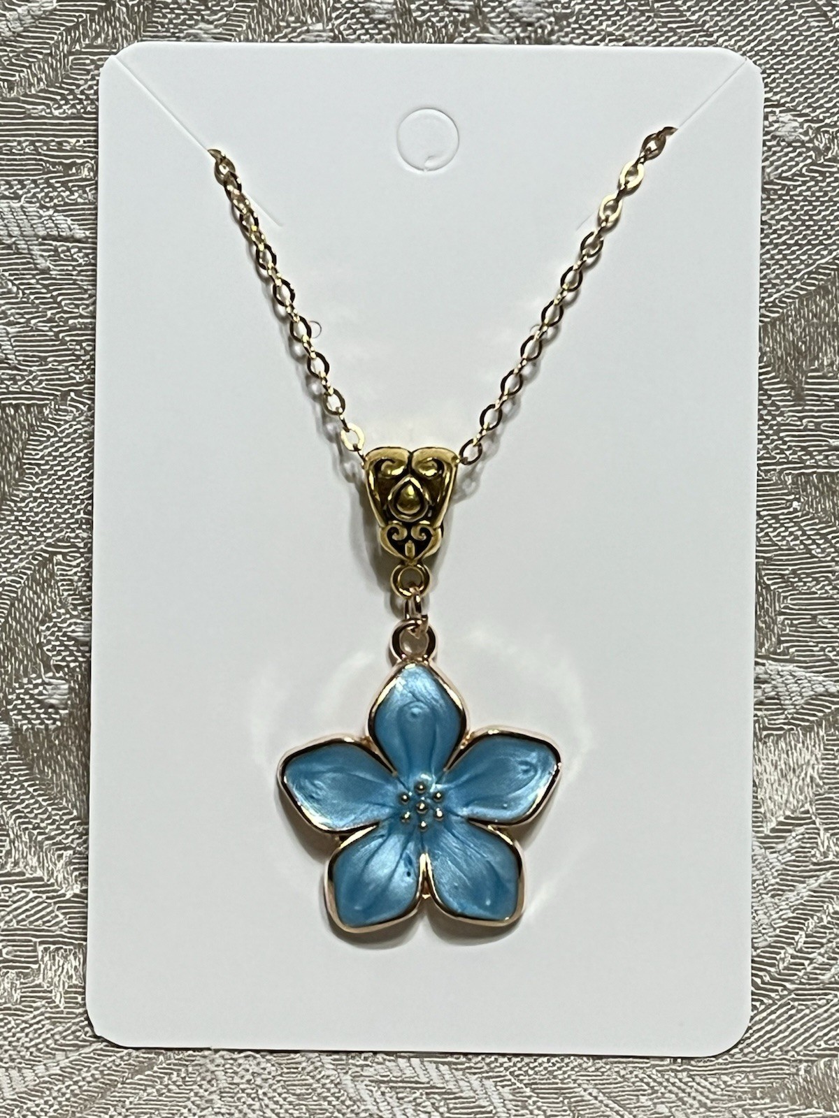 Blue Sakura Cherry Blossom Flower Enamel Pendant Gold Bohemian Necklace 18”