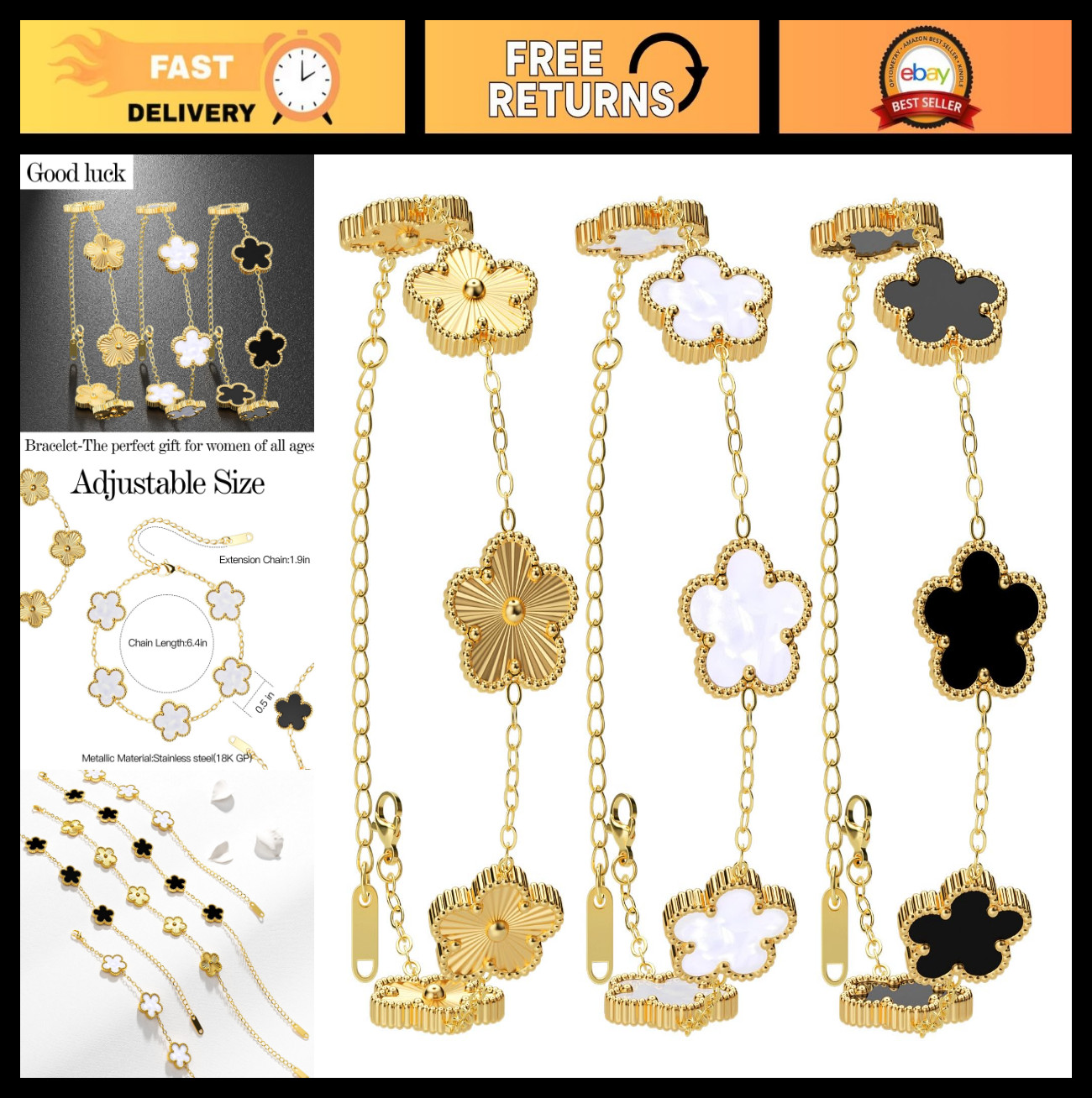 18K Gold Plated Clover Bracelet Set for Women – Trendy Flower Leaf Jewelry, Gift
