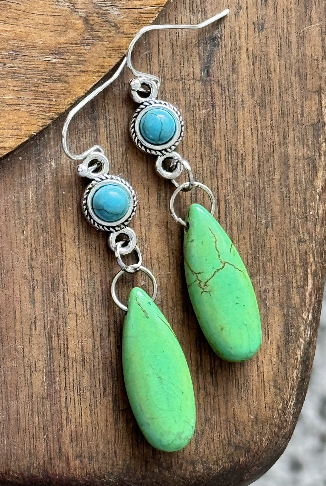 Etched Silver, Turquoise Blue and Green Teardrop Dangle Earrings.