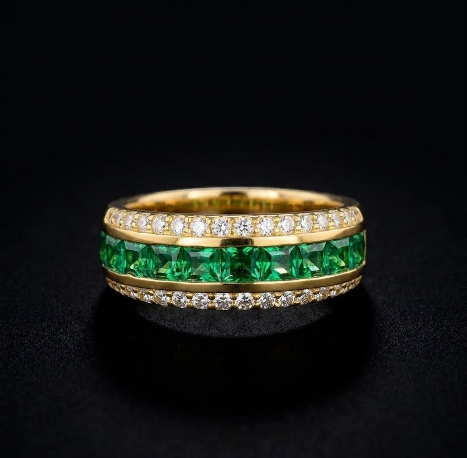 Vintage Emerald Eternity Ring, Gold Plated Sterling Silver,