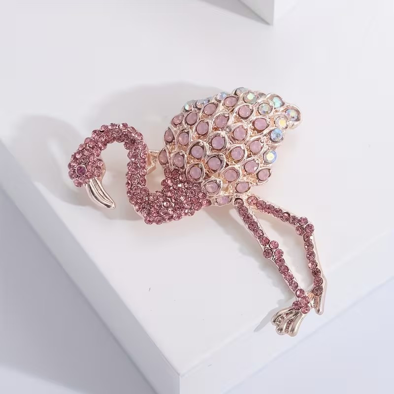 Pink Crystal Flamingo Brooch Pin – Rhinestone Animal Statement Jewelry, Gold Ton
