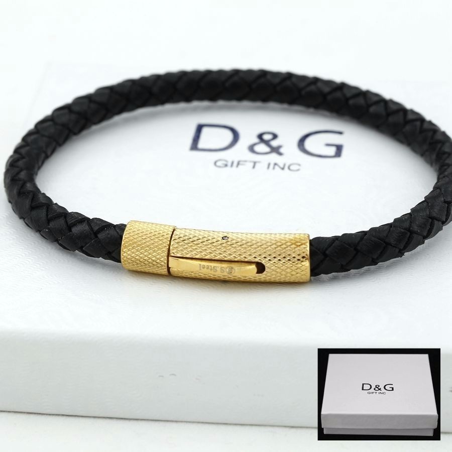 DG Men’s 8″ Stainless Steel Black Braided.Leather Bracelet Gold Ion Plated.BOX